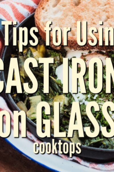 cast iron skillet with eggs inside and the text overlay 5 tips for mixing cast iron skillets and glass cook tops